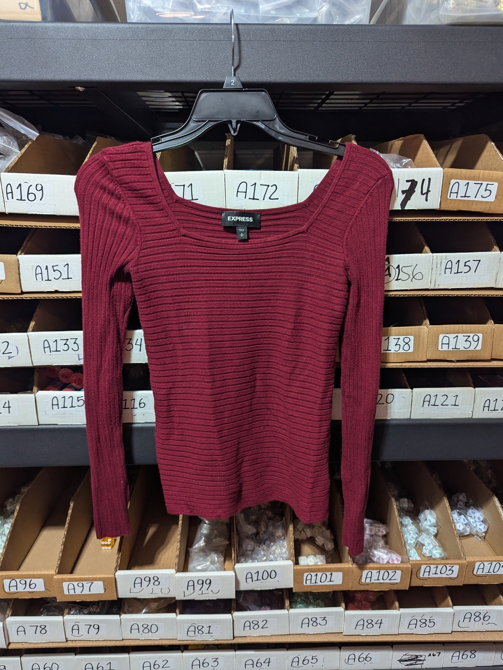 Express Ribbed Long-Sleeve Square Neck Top - Wine S